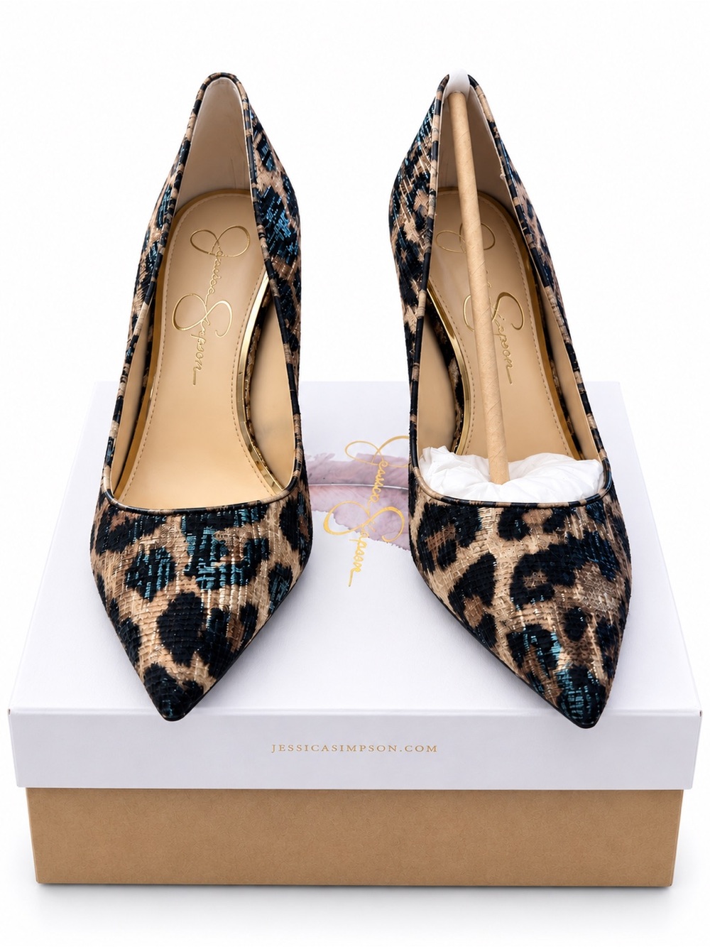 Jessica Simpson Leopard-Print Pointed Toe Stiletto Pump in Tan, Black & Teal - Picture 2 of 3